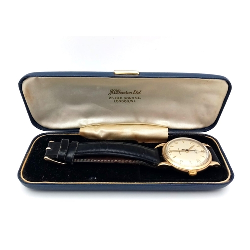 254 - A FABULOUS EXAMPLE OF A VINTAGE 9K GOLD WRIST WATCH MADE BY THE FAMOUS J.W BENSON COMPANY , RECENTLY... 