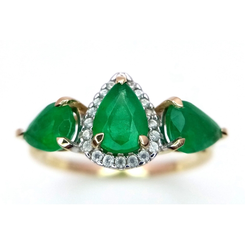 313 - A 9K Yellow Gold and Three Stone Zambian Emerald Ring with a Matching Pendant. White zircon accents.... 