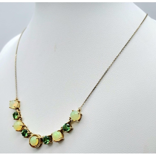 449 - A 9K Yellow Gold Ethiopian Opal and Tsavorite Tourmaline Necklace - 44cm with a Matching Pair of Ear... 