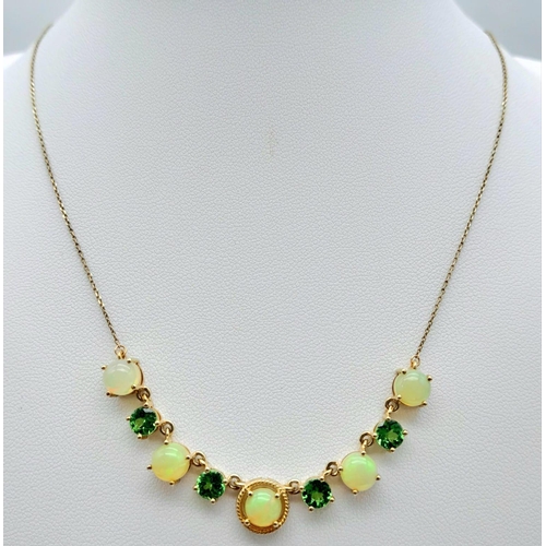 449 - A 9K Yellow Gold Ethiopian Opal and Tsavorite Tourmaline Necklace - 44cm with a Matching Pair of Ear... 