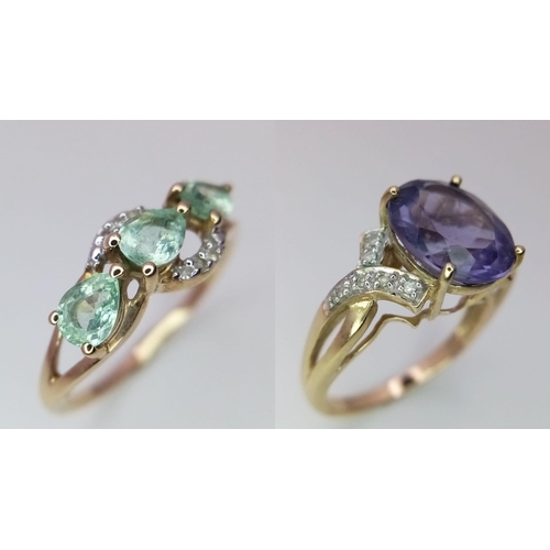 456 - Two 9K Yellow Gold Gemstone Rings - An amethyst with diamond accents - size N and a three stone Para... 