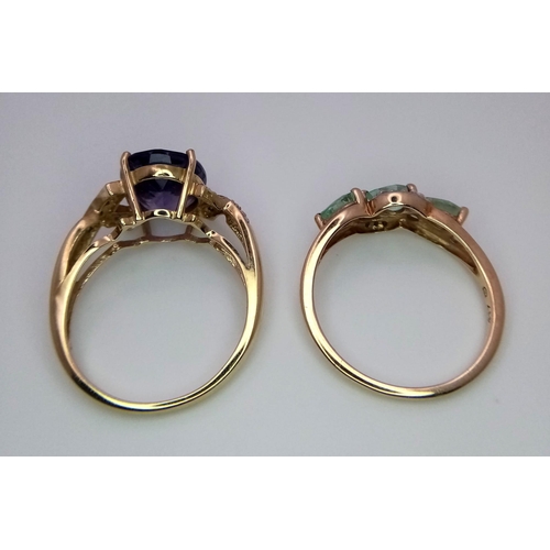 456 - Two 9K Yellow Gold Gemstone Rings - An amethyst with diamond accents - size N and a three stone Para... 