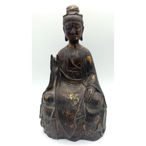 1087 - AN EXTREMELY OLD BRONZE BUDDHA , STANDING 33cms TALL THIS ONCE GILDED SERENE BUDDHA IS DEEP IN MEDIT... 