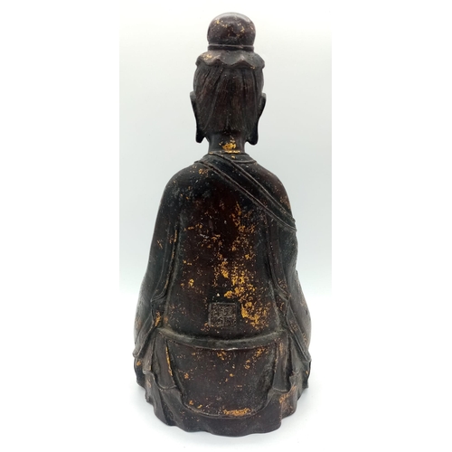 1087 - AN EXTREMELY OLD BRONZE BUDDHA , STANDING 33cms TALL THIS ONCE GILDED SERENE BUDDHA IS DEEP IN MEDIT... 