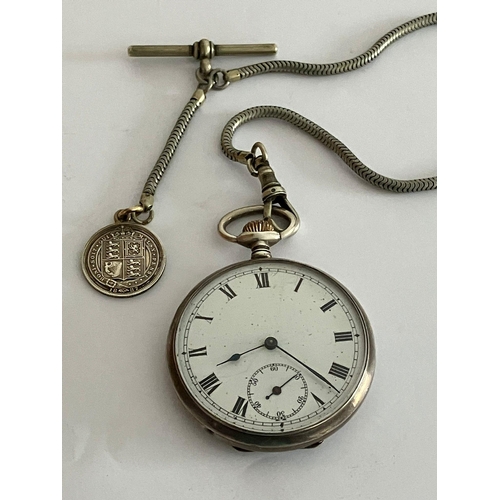 350 - Antique SILVER OPEN FACE POCKET WATCH With Albert T-bar chain and coin fob. The pocket watch having ... 