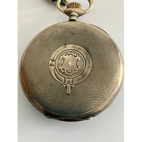 350 - Antique SILVER OPEN FACE POCKET WATCH With Albert T-bar chain and coin fob. The pocket watch having ... 