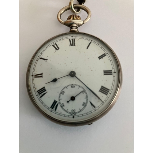 350 - Antique SILVER OPEN FACE POCKET WATCH With Albert T-bar chain and coin fob. The pocket watch having ... 