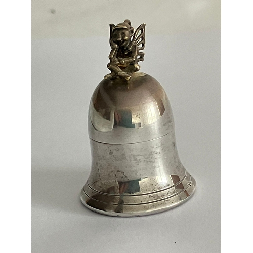 399 - Vintage SILVER PILL BOX IN the form of a BELL with a PIXIE sitting atop. Having Full UK hallmark.