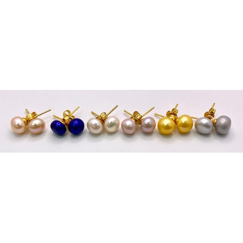 439 - Six Pairs of Different Colour Freshwater Pearl Stud Earrings set in Gilded Metal.