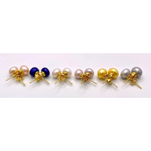 439 - Six Pairs of Different Colour Freshwater Pearl Stud Earrings set in Gilded Metal.