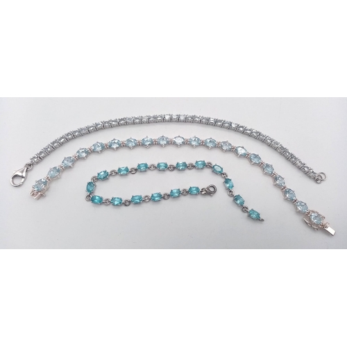 1388 - Three  Blue Gemstone Tennis Bracelets - All set in 925 silver. 18cm. 33.74 total weight.