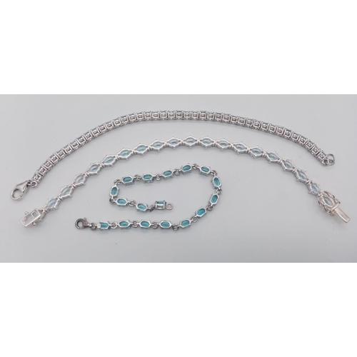 1388 - Three  Blue Gemstone Tennis Bracelets - All set in 925 silver. 18cm. 33.74 total weight.