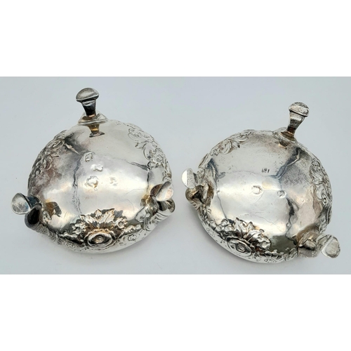 205 - A Pair of Antique Sterling Cauldron-Shaped Sterling Silver Salt Pots. Chased floral decoration throu... 