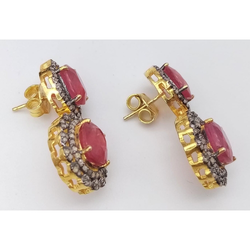 17 - A Pair of Ruby and Diamond Gemstone Dangler Earrings set in Gilded 925 Silver. Ruby - 15ctw and Diam... 