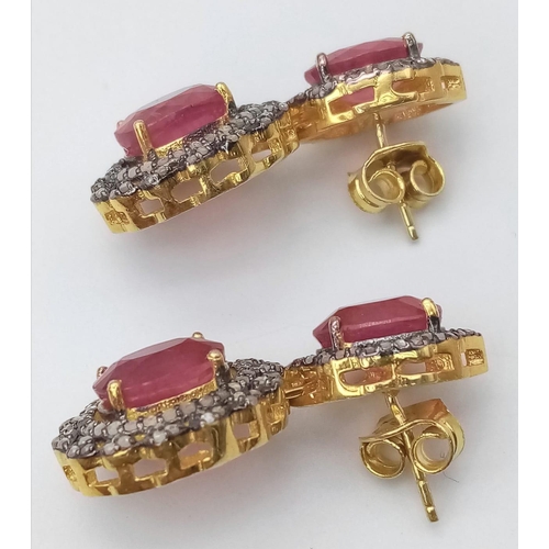 17 - A Pair of Ruby and Diamond Gemstone Dangler Earrings set in Gilded 925 Silver. Ruby - 15ctw and Diam... 