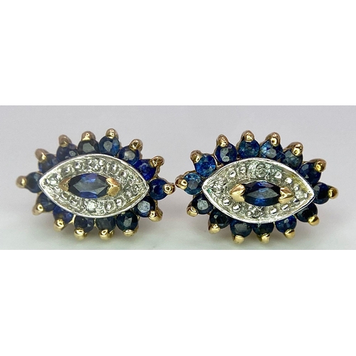 1280 - A PAIR OF 9K YELLOW GOLD DIAMOND & SAPPHIRE STUD EARRINGS. 1.3cm length, 2.5g total weight.    Ref: ... 