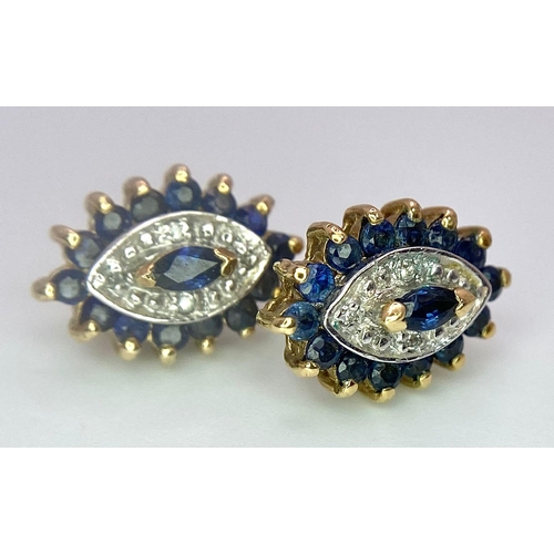 1280 - A PAIR OF 9K YELLOW GOLD DIAMOND & SAPPHIRE STUD EARRINGS. 1.3cm length, 2.5g total weight.    Ref: ... 