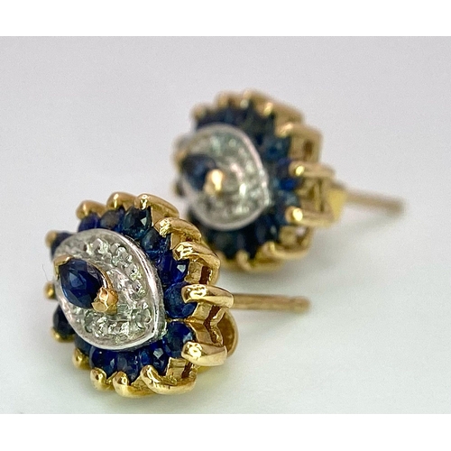 1280 - A PAIR OF 9K YELLOW GOLD DIAMOND & SAPPHIRE STUD EARRINGS. 1.3cm length, 2.5g total weight.    Ref: ... 