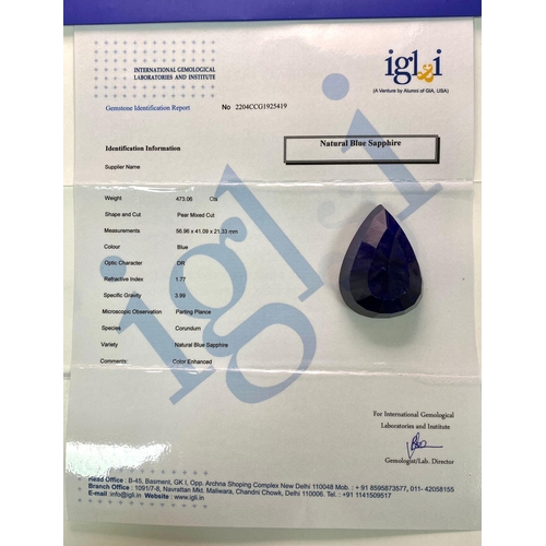 1561 - A 473.06ct Large Pear Shape Blue Sapphire Gemstone. Comes with the IGLI Certificate