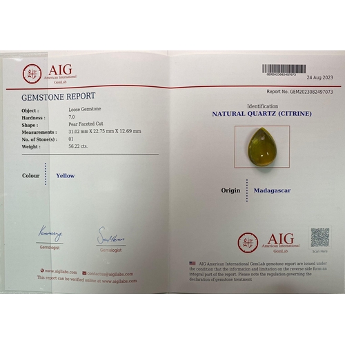 1568 - A 56.22ct Madagascar Natural Citrine, in the Pear Faceted Cut. Comes with the AIG Certificate and Se... 