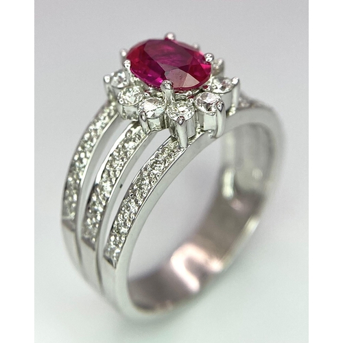 282 - A 14K White Gold Diamond & Red Stone Ring. Size N, 5.1g total weight.    Ref: 7474