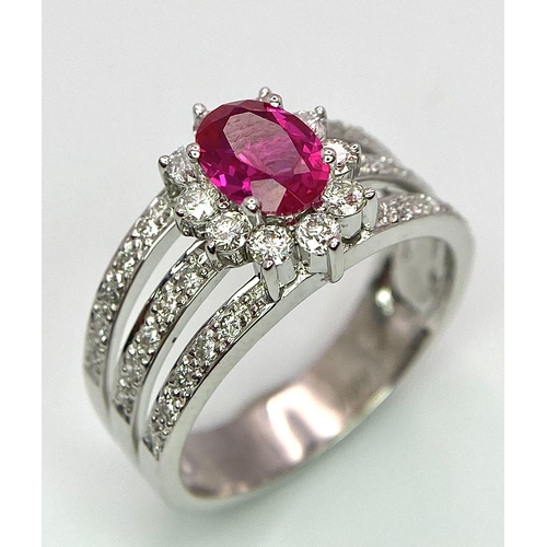 282 - A 14K White Gold Diamond & Red Stone Ring. Size N, 5.1g total weight.    Ref: 7474