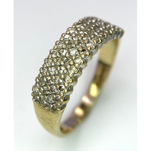 359 - A 9K YELLOW GOLD DIAMOND 3 ROW BAND RING. Size M, 0.33ctw, 2.7g total weight.    Ref: SC1130