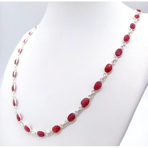 1566 - A Ruby Gemstone Chain-Link Necklace set in 925 Silver. 46cm length. 14.2g total weight. CD-1104