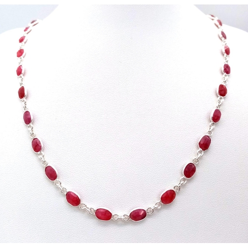 1566 - A Ruby Gemstone Chain-Link Necklace set in 925 Silver. 46cm length. 14.2g total weight. CD-1104