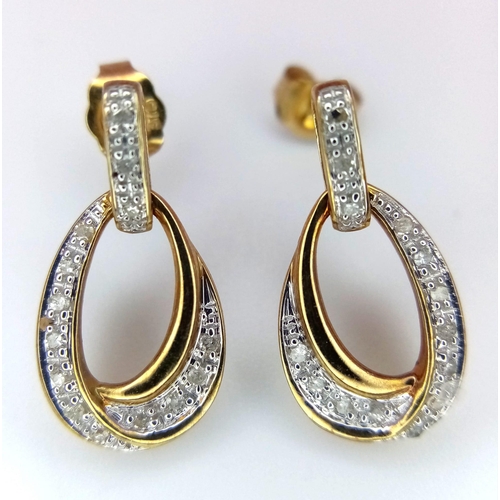 289 - A Pair of 9K Yellow Gold Diamond Set Drop Earrings. 1.8cm length, 1.7g total weight.    Ref: SC1131