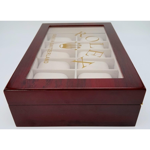 332 - A high-quality ROLEX wooden watch case for 12 watches, made from high gloss cherry veneer and polish... 