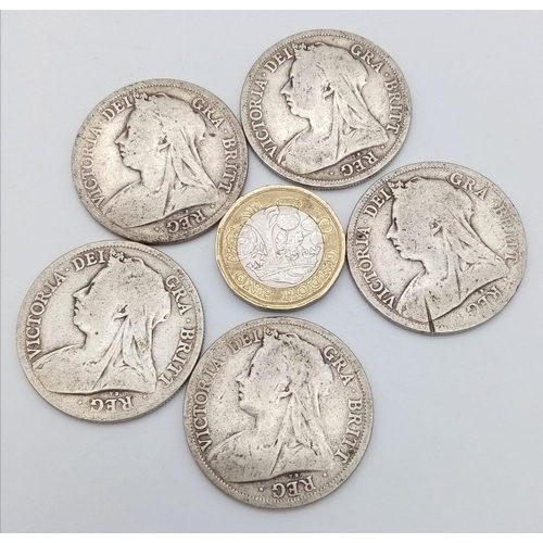 1430 - Five Victorian Half Crown Silver Coins: 1893,1894, 2 x 1899, 1900. Please see photos for conditions.