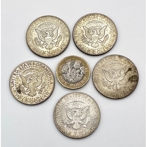 1381 - Five Silver Kennedy Half Dollars: 3 x 1964, 1 x 1966 and 1x 1969. Please see photos for conditions.