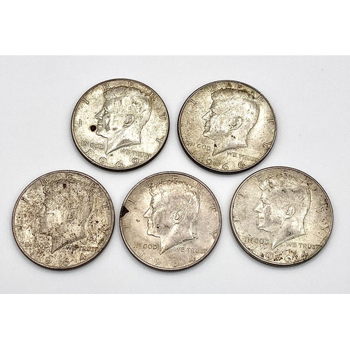 1381 - Five Silver Kennedy Half Dollars: 3 x 1964, 1 x 1966 and 1x 1969. Please see photos for conditions.