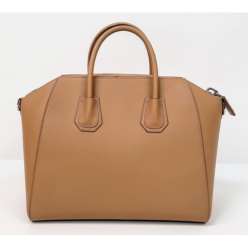 205 - A Givenchy Antigona Leather Shoulder Bag. Brown leather textured exterior. Cream textile interior wi... 