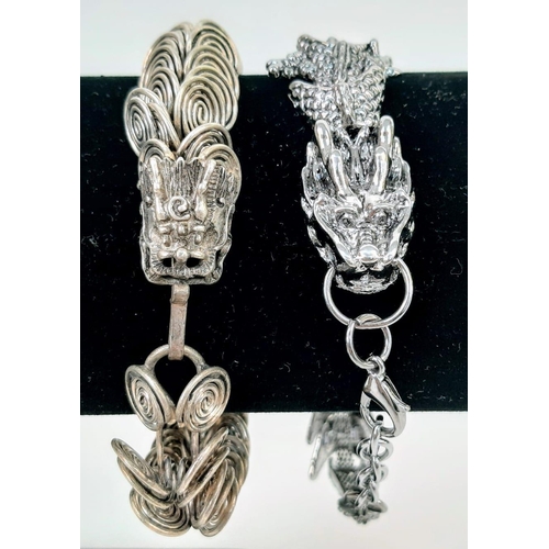 231 - Two Chinese dragon bracelets, white metal (untested), Length: 18cm and 18-21 cm respectively.