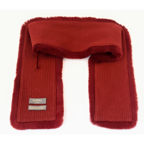 499 - A N.Peal of London Red Cashmere and Rabbit Fur Scarf. 86cm length.