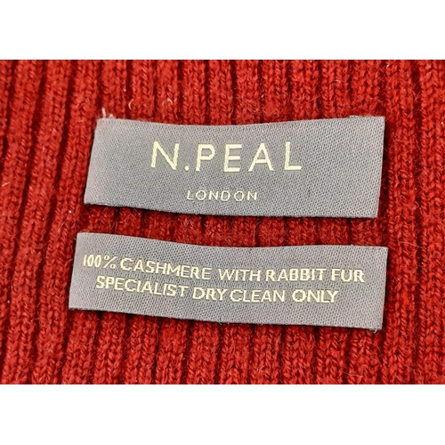 499 - A N.Peal of London Red Cashmere and Rabbit Fur Scarf. 86cm length.