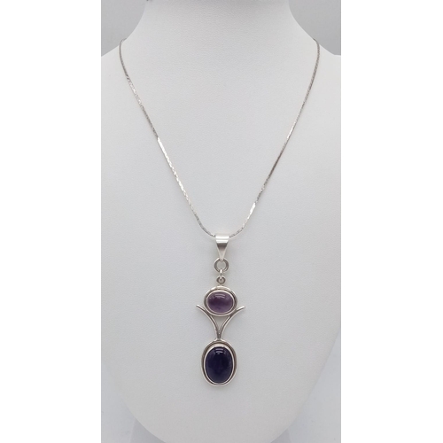 1321 - A Vintage Sterling Silver Double Amethyst Cabochon Set Statement Pendant Necklace. 45cm Length Bar L... 