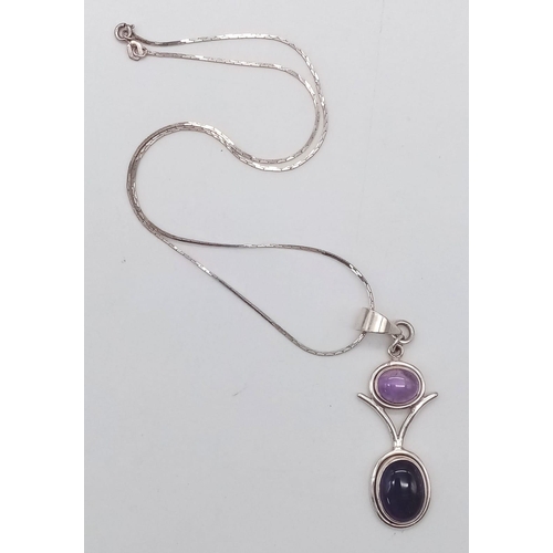 1321 - A Vintage Sterling Silver Double Amethyst Cabochon Set Statement Pendant Necklace. 45cm Length Bar L... 