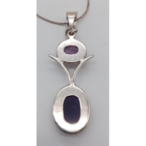 1321 - A Vintage Sterling Silver Double Amethyst Cabochon Set Statement Pendant Necklace. 45cm Length Bar L... 