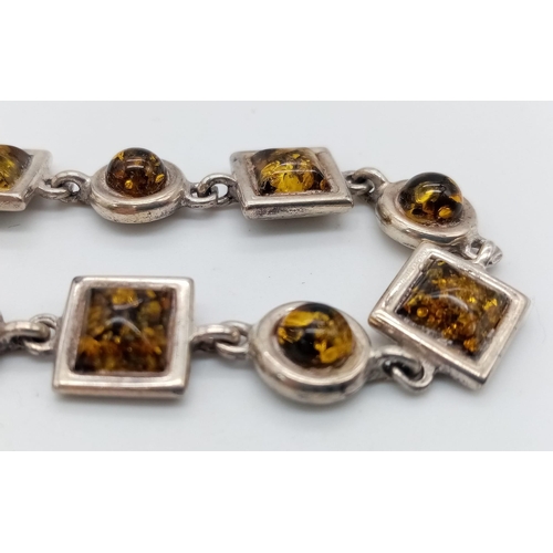 1336 - A Vintage Sterling Silver Green Amber Tennis Bracelet. 18cm Length. Set with Round and Square Cut Gr... 