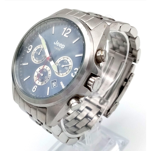 1484 - A Men’s Stainless Steel Chronograph Date Watch by Jeep. 45mm Including Crown. New Battery Fitted Dec... 