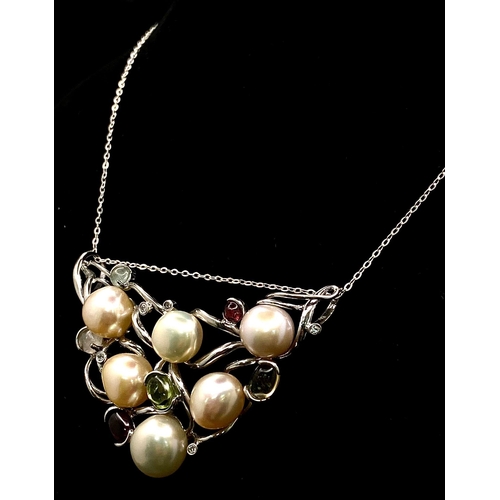 1450 - A Pearl and Multi-Gemstone Set Pendant Statement Necklace. 50cm Length Chain. Pendant Measures 6cm W... 