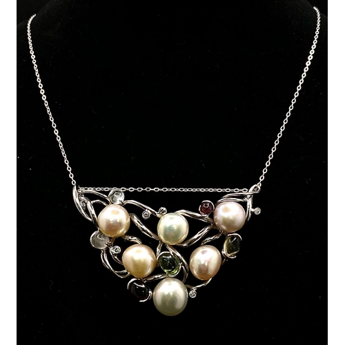 1450 - A Pearl and Multi-Gemstone Set Pendant Statement Necklace. 50cm Length Chain. Pendant Measures 6cm W... 