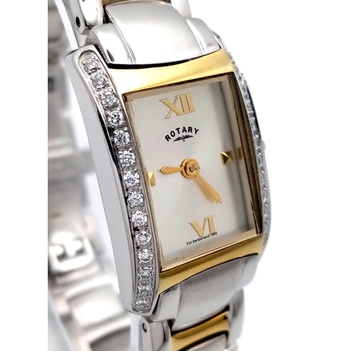 1457 - A Ladies Rotary, Bi-Metal, Stone Bezel Set Bracelet Watch Model LB02796.06. Full Working Order and V... 