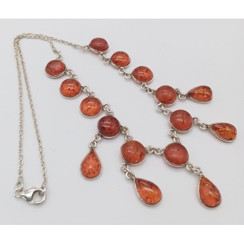 1195 - A Vintage Sterling Silver Amber Cabochon Statement Necklace. Set with Round (8mm) and Pear/Tear Drop... 