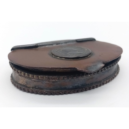 1106 - A Rare Antique Hinge Lid, Coin Inset, Oval Snuff Box. 7cm Length.