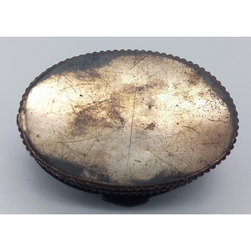 1106 - A Rare Antique Hinge Lid, Coin Inset, Oval Snuff Box. 7cm Length.