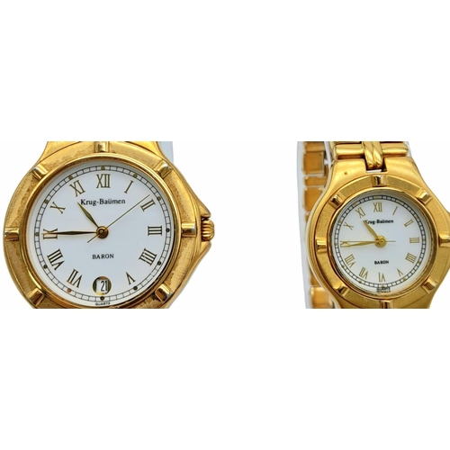 867 - A Matching Pair of His and Hers Gold Tone Watches by Krug-Baumen. Men’s watch is 46mm Including Crow... 